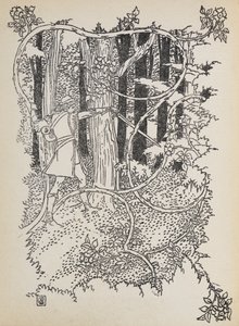 Prince Charming skjærer seg gjennom den gjengrodde skogen til Tornerose. av Walter Crane