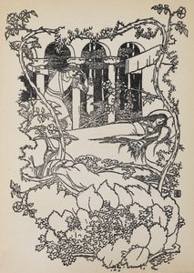 Prince Charming finner Tornerose sovende i en bygning overgrodd med torner. av Walter Crane