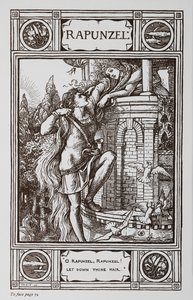 Rapunzel lener seg ut av vinduet til et tårn mens en prins klatrer opp i håret hennes. av Walter Crane