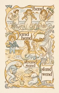 Rimende ord som slutter på bokstaven D. Havfruer. Barn bygger sandslott på en strand. Den gylne grunningen. av Walter Crane
