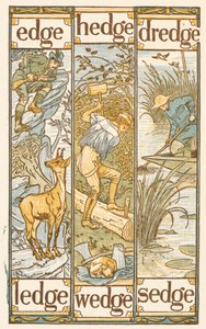 Rimende ord som slutter på bokstaven E. The Golden primer. av Walter Crane