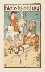 Rimende ord som slutter på bokstaven G. En illustrasjon som viser en gris som rir på en hest, og en annen kjører en vogn. Den gylne grunningen. av Walter Crane
