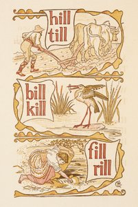 Rimeord som slutter på bokstaven L. Pløying. En stork. Den gylne grunningen. av Walter Crane