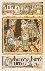 Rimende ord som slutter på bokstaven N. En illustrasjon som viser muligens kong Alfred og de brennende kakene. Den gylne grunningen. av Walter Crane