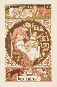 Rimende ord som slutter på bokstaven P. En illustrasjon som viser en kvinne som mater et barn. Den gylne grunningen. av Walter Crane