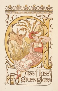 Rimende ord som slutter på bokstaven S. En kvinne som holder et ansiktsspeil. Den gylne grunningen. av Walter Crane