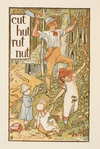 Rimende ord som slutter på bokstaven T. En illustrasjon som viser en mann som hogger et tre. Tre barn er med ham. Den gylne grunningen. av Walter Crane