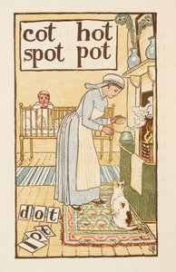 Rimende ord som slutter på bokstaven T. En illustrasjon som viser en sykepleier som koker en kjele til et sykt barn. Den gylne grunningen. av Walter Crane
