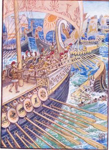 Skipet styrtet mot skipet, til de persiske døde strøk dypt som blomster, illustrasjon fra The Story of Greece, 1930-tallet av Walter Crane