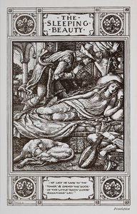 Tornerose ligger og sover omgitt av en sovende hund og et musikkinstrument mens Prince Charming passer på henne. av Walter Crane