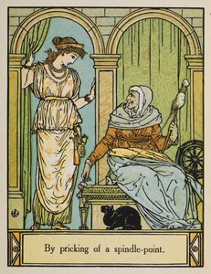 Tornerose står ved siden av en gammel kvinne med spinnehjul og tråd. En svart katt sitter under. av Walter Crane