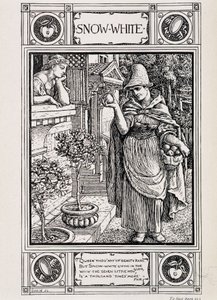Snøhvit og heksen som passer eplet hennes - i "" Husholdningshistorier fra samlingen til Bros Grimm", oversatt fra tysk av Lucy Crane, London mac millan & Co ltd av Walter Crane