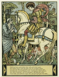 Prinsen spør om veibeskrivelse fra The Blue Beard Picture Book, pub. 1879 (farge litho) av Walter Crane