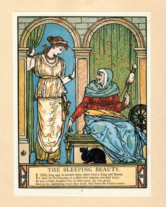 Prinsessen lærer å spinne, fra The Blue Beard Picture Book, pub. 1879 fargelitografi, 1879. av Walter Crane
