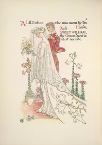 Bruden og brudgommen. En liljehvit kappe båret av bruden, og søte William, brudgommen, kledd i rødt av Walter Crane