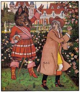 De vakres far plukker roser i rødbetens hage. Illustrasjon av Walter Crane (1845–1915) i «Skjønnheten og rødbeten», England. av Walter Crane