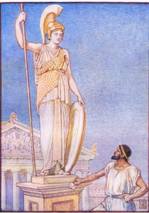 Gudinnens figur var kolossal, illustrasjon fra The Story of Greece, 1930-tallet av Walter Crane