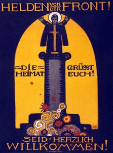 Tyske WWI-plakathelter fra fronten, hjemlandet hilser deg! Velkommen pub. 1915 (fargelitografi)