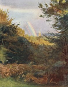 The New Forest: Lyndhurst Church fra Emery Down (farge litho) av Walter Frederick Roofe Tyndale