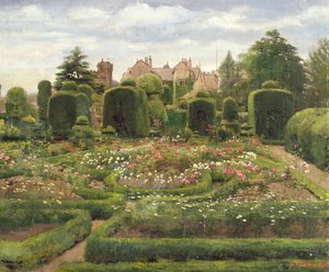 The Topiary Gardens, Levens Hall, Cumbria, 1886 (olje på lerret lagt om bord) av Walter Frederick Roofe Tyndale