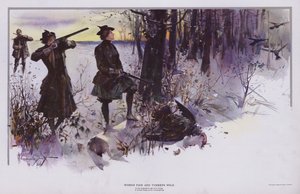 Woman Fair and Turkeys Wild: jakt på ville kalkuner (farge litho)