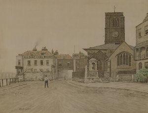 Alldins Coal Wharf og Chelsea Old Church, London (blyant og vask på papir)