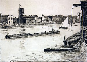 Chelsea Old Church fra Battersea (conte & vask på papir) av Walter Greaves