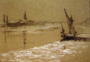 Themsen om vinteren (svart-hvitt kritt på papir) av Walter Greaves
