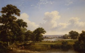 Bønder i et skogkledd elvelandskap (olje på lerret) av Walter Heath Williams