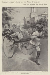 Britisk sjømann og soldat tar en tur i en rickshaw gjennom gatene i Durban under en pause i kampene i Boerekrigen (litho) av Walter Paget