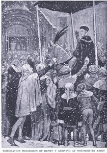 Kroningsprosesjon av Henry V som ankommer Westminster Abbey 1413, fra Cassells History of the British People utgitt av Waverley Book Company Limited, ca. 1940 av Walter Paget