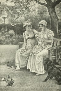 Jane Austen, sy, med søsteren Cassandra i prestegården (litho)