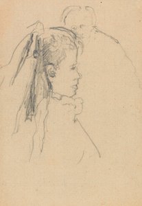 Hode og byste av en jente i profil til høyre, hodet til en mann, helt foran, bak (grafitt på papir) av Walter Richard Sickert