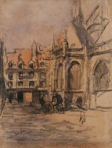 Rue Sainte Catherine og de gamle arkadene, Dieppe, ca. 1900 (kull og akvarell) av Walter Richard Sickert