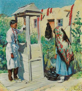 A Pueblo Well Scene (olje på lerret) av Walter Ufer