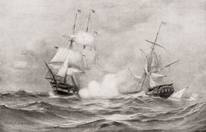 Kampen mellom USS Constitution og HMS Guerriere, under krigen i 1812, omtrent 400 miles sørøst for Halifax, Nova Scotia, fra The History of Our Country, publisert 1905 av Warren Sheppard