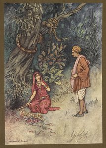 Plate 14: "Husband, take up all this large quant of gold and these precious stones", fra Folk-Tales of Bengal ... Med 32 illustrasjoner i farger av Warwick Goble (Edition de luxe) av Warwick Goble