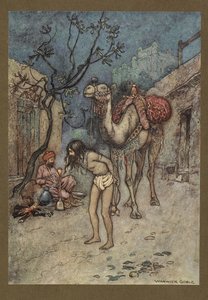 Plate 16: "Kameldriveren steg av, bandt kamelen til treet på stedet og begynte å røyke." Folk-Tales of Bengal ... Med 32 illustrasjoner i farger av Warwick Goble. (Edition de luxe.). 1914