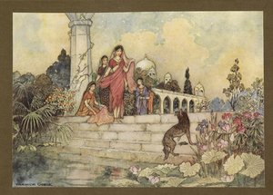 Plate 23: "Sjakalen ... åpnet bunten med betelblader, stakk noen inn i munnen og begynte å tygge dem", fra Folk-Tales of Bengal... Med 32 illustrasjoner i farger av Warwick Goble (Edition de luxe .) av Warwick Goble