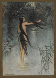 Plate 29: "Da hun kom opp av vannet, for en forandring ble det sett på henne!", fra Folk-Tales of Bengal ... Med 32 illustrasjoner i farger av Warwick Goble (Edition de luxe.). 1914
