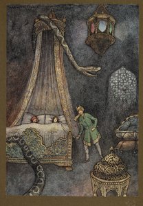 Plate 3: "He hashed out of his hiding-place and killed the serpent", fra Folk-Tales of Bengal ... Med 32 illustrasjoner i farger av Warwick Goble. (Edition de luxe) av Warwick Goble