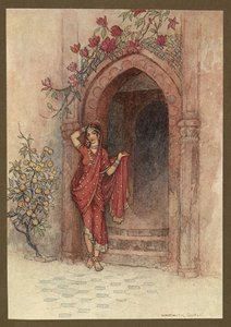 Plate 5: "At the door of which stod a lady of exquisite beauty", fra Folk-Tales of Bengal ... Med 32 illustrasjoner i farger av Warwick Goble. (Edition de luxe) av Warwick Goble