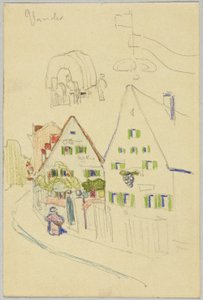 Alleé med gavlhus og overbygde vogner, verso: utsikt over et sted med en løkkuppelkirke av Wassily Kandinsky