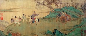 Studenten Chang tar farvel med sin elsker Ying Ying på hvilepaviljongen, detalj av en illustrasjon av "Xi Xiang Ji"