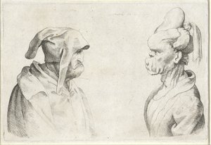 Deformerte hoder av en mann med en floppy hatt og en kvinne med bundet hår Varie figurae et probae (serietittel) Karikaturer, hoder og misdannelser etter Leonardo da Vinci (serietittel) av Wenceslaus Hollar (attributed to)