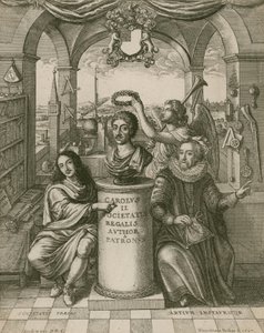 Byste av Charles II, med Lord Brouncker (til venstre), den første presidenten i Royal Society, og Francis Bacon (til høyre) av Wenceslaus Hollar