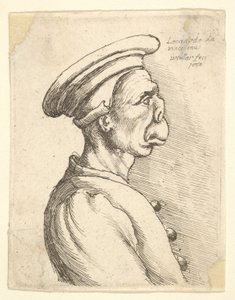 Byste av en mann med flat nese og utstående munn, iført flat hette og frakk med knapp i..., 1660. av Wenceslaus Hollar