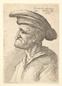 Byste av eldre mann med nese som møter underleppen, iført bred flat hette i profil t..., 1665. av Wenceslaus Hollar