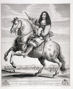 Equestrian Portrait of Charles II (1630-85) with a Landscape, publisert ca. 1670 av Wenceslaus Hollar