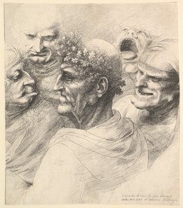 Fem groteske hoder, inkludert en eldre mann med eikebladkrans, 1646. av Wenceslaus Hollar